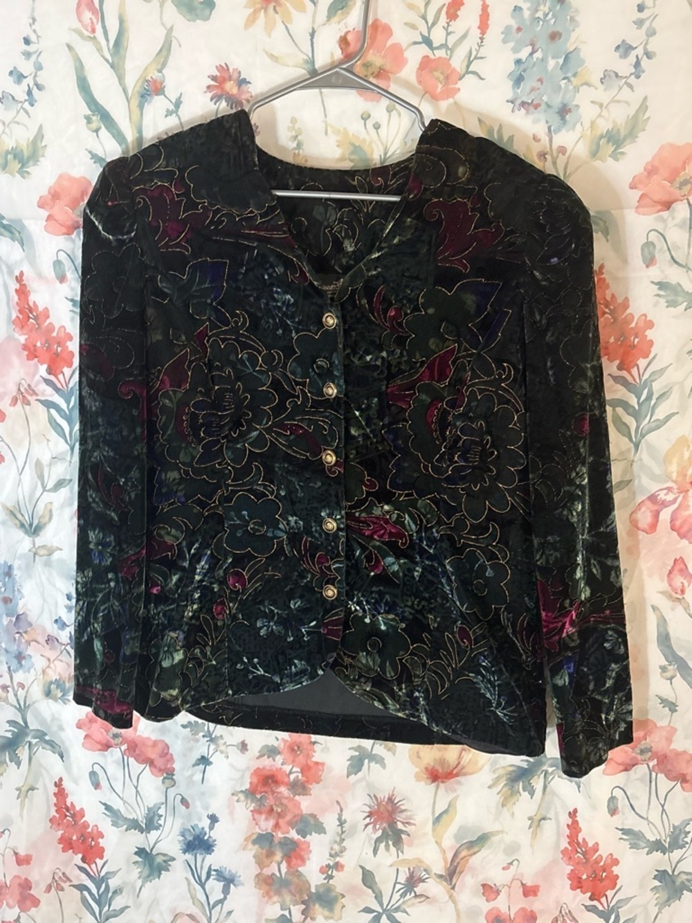 Vintage Velvet Floral Button-Front Jacket in Deep Jewel Tones - Picture 2 of 9
